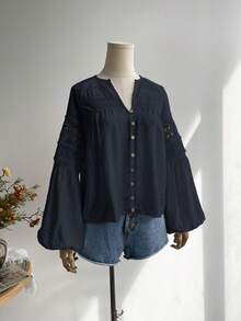 Rusttydustty Women's Standard Size Long Sleeve Blue Lace Blouse, Casual Vacation Bohemian Style, Suitable For Autumn - Navy Blue - View 10