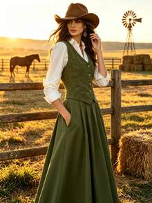 Vuslat Women's Autumn French Fashion Elegant Vintage Palace Style Office Commute V-Neck Tank Top & Slip Dress 2 Pieces Set - Green - View 6