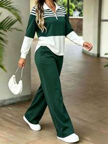 Spring/Autumn Women's New Fashion Colorblock Pullover Long Sleeve Top + High Waist Casual Versatile Straight Leg Pants 2-Piece Set - Dark Green - View 5