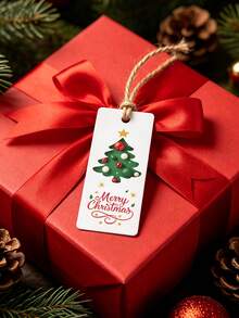 50/100pcs Merry Christmas Gift Hang Tags, Rectangle White Paper Tags With Christmas Tree, Star & Bauble Pattern, Xmas Decorative Label Cards With Pre-Punched Hole For Gift Wrap, Holiday Party, DIY Crafts - Multicolor - View 4