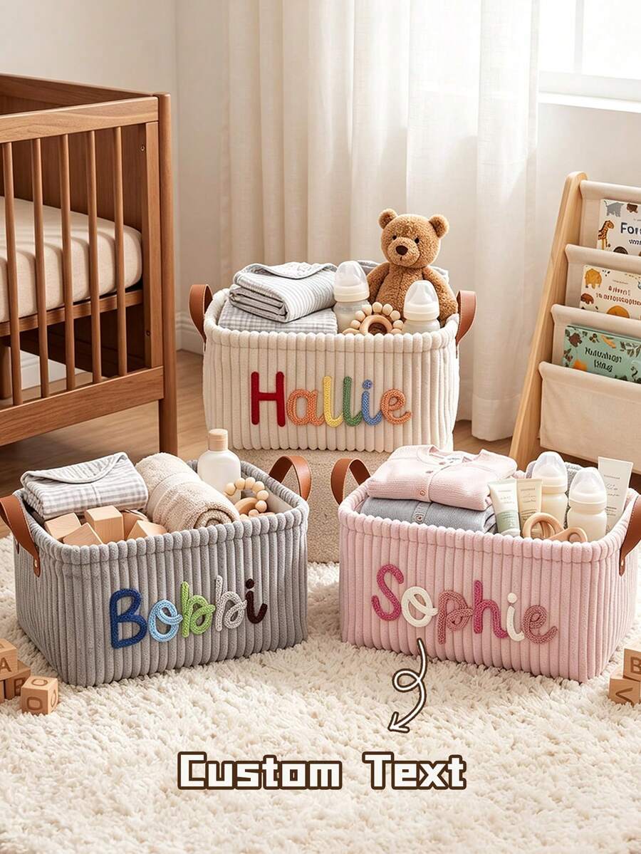 Personalized Baby Keepsake Basket, Customized Name Nursery Storage, Soft Yarn Storage Basket, Baby Christening Gift - Multicolor - View 1
