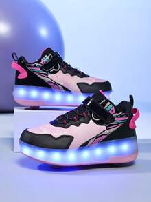 BLSART 1 Pair Kids 2-In-1 Four-Wheel LED Light-Up Roller Skates, USB Rechargeable Adjustable Outdoor Skates, Birthday Gift For Boys And Girls - Black and Pink - View 5