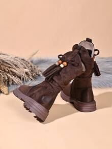 Girls' Vintage Distressed Tall Western Boots With Tassels, Wooden Beads, Side Zipper, Thick Sole, Anti-Slip, Slouchy Long Boots For Autumn/Winter - Coffee Brown - View 1