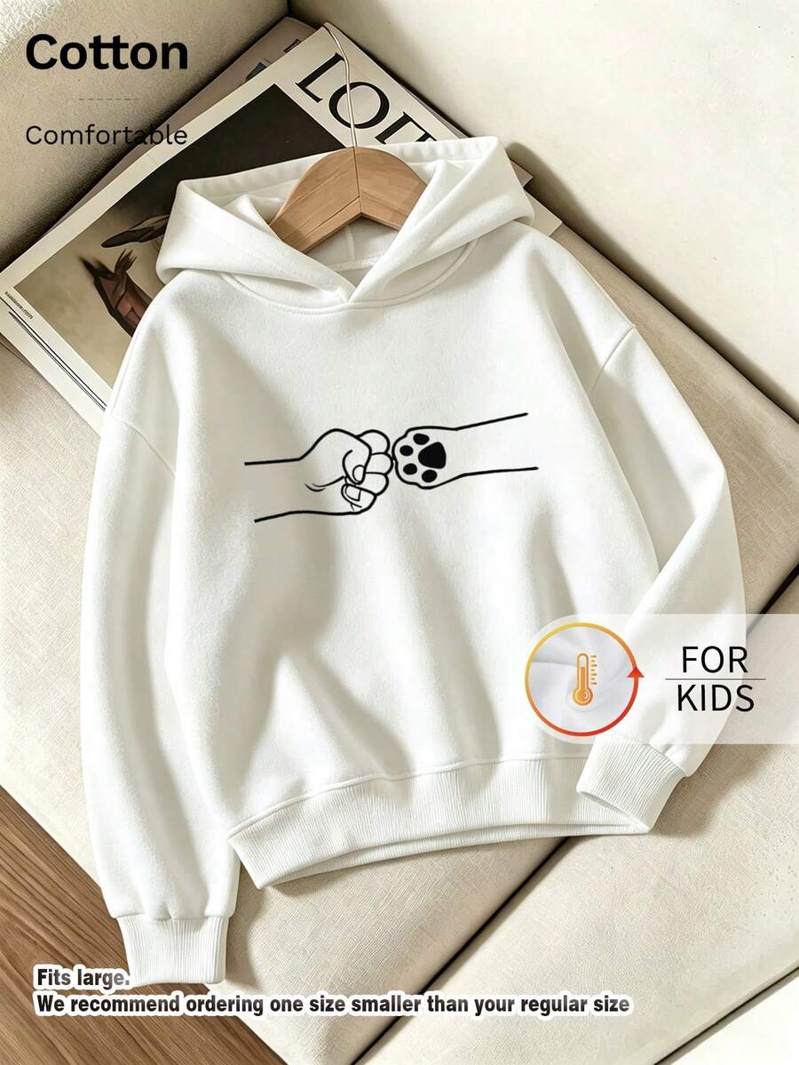 Children's Hooded Sweatshirt, Fist Bump & Pet Paw Line Art Print Pure Cotton Pullover - White - View 1