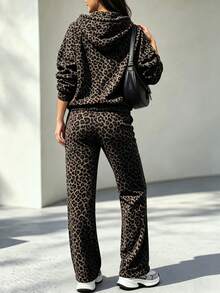 Autumn Fashion Casual Sporty Chic Women's Commuter Set, Comfortable Loose Patchwork Colorblock Full Leopard Print Long Sleeve Jacket Top + Straight Leg Pants 2 Pieces Set, Effortless Chic Autumn Outfit, Recommended Autumn Must-Have Set - Brown - View 4