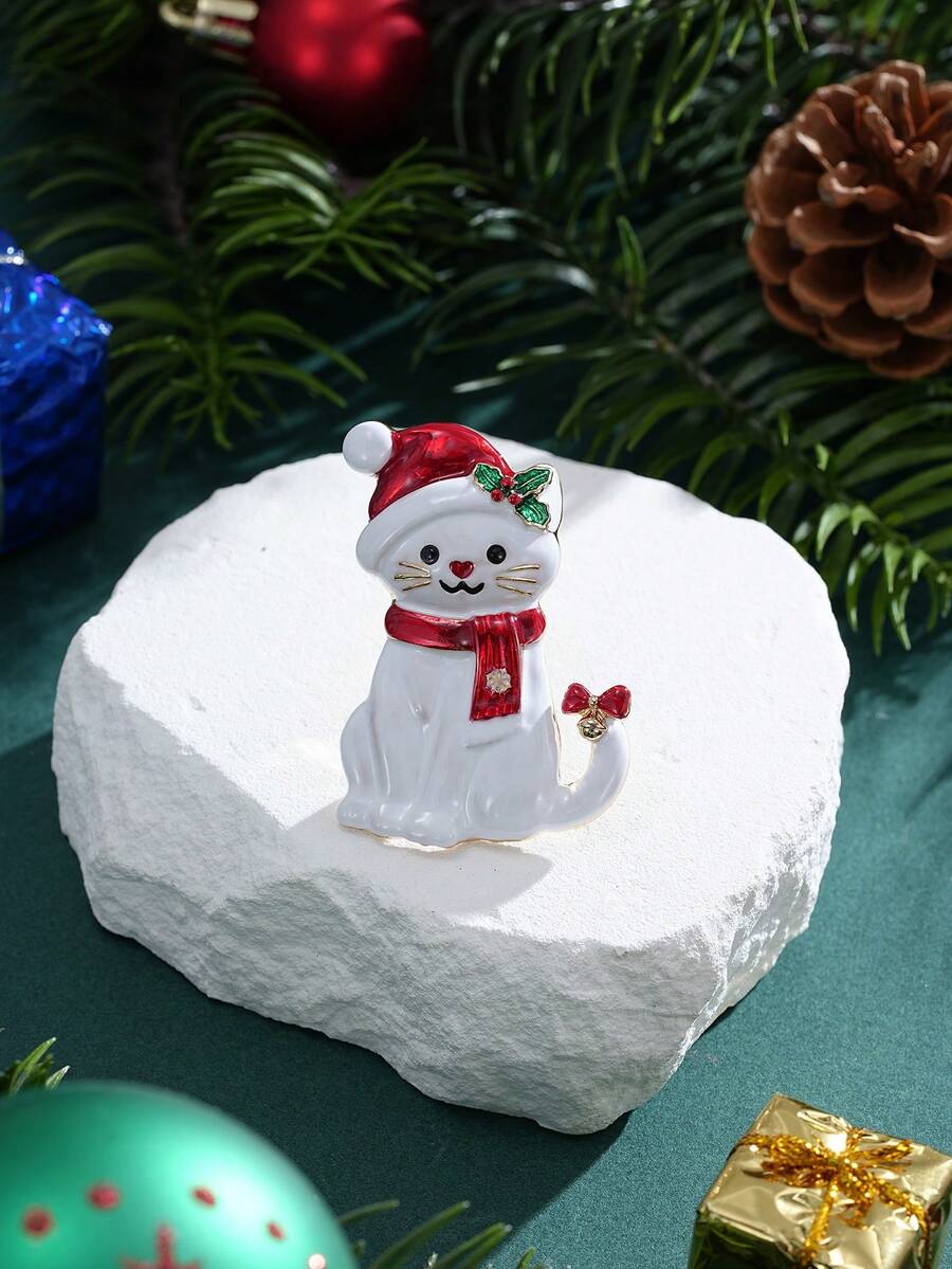 Cring Coco 1pc Christmas Cat Brooch For Women Accessories Enamel Santa Hat Scarf Bow Bell Decor Pin Brooches Cute Animal Lapel Badge Xmas Holiday Party Gift