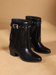Women's Ankle Boots And Ankle Boots PU Leather Winter New Studded Pointed Toe Mid-Heel Riding Boots Plus Size Chunky Heel British Style V-Cut Retro Tassel Boots - Black - View 8