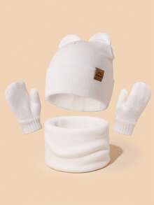 3‑Piece Toddler Girl Knit Winter Set, Cat Ear Beanie + Neck Warmer + Mittens Soft Cozy Kids Accessories For Cold Weather Daily Outing - Hat + Scarf + Gloves - View 11