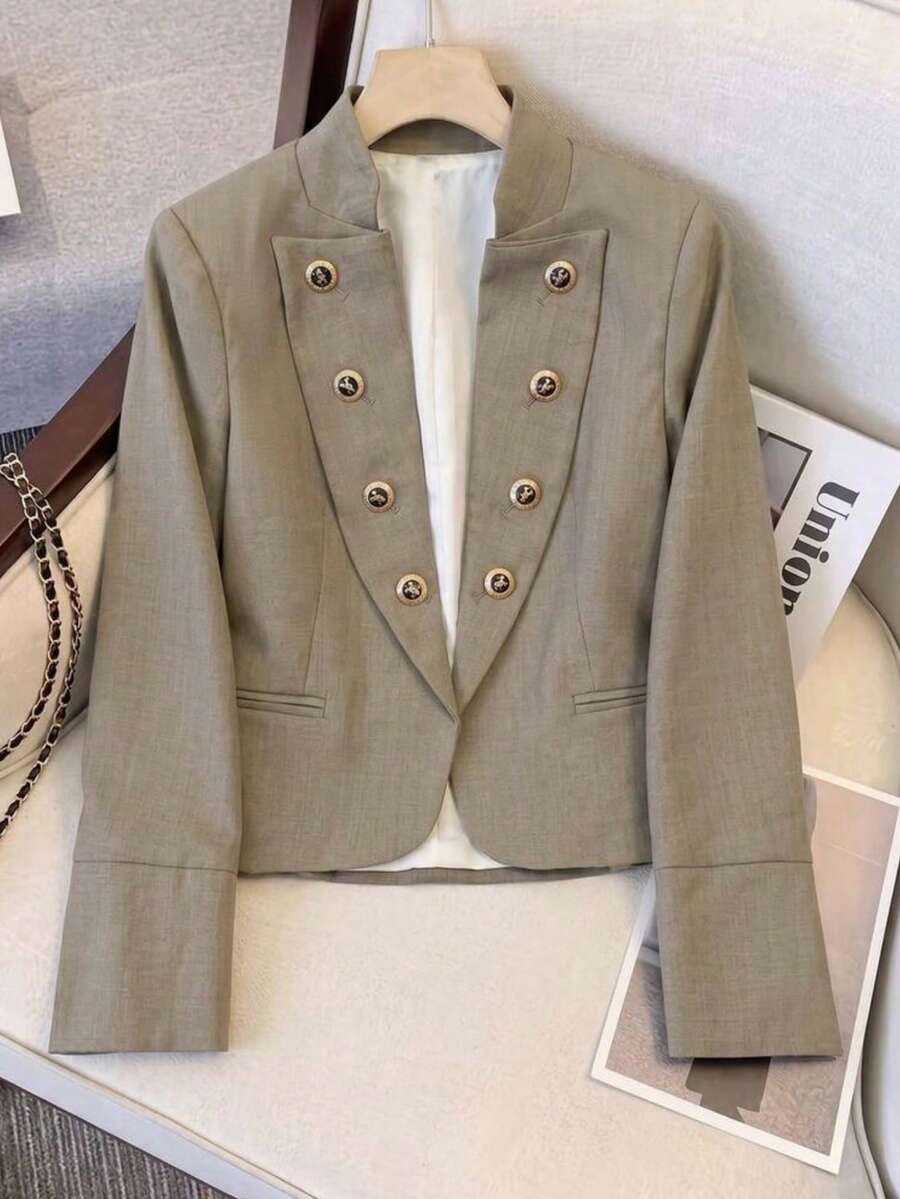 女款立領雙排扣金鈕扣短版西裝外套,長袖修身優雅通勤夾克,秋季外套 - 灰色 - 查看 1