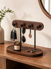 1pc Wooden Key Storage Tray With 4 Hooks, Entryway Desk Key Car Key Coin Card Organizer, Multi-Functional Wooden Storage Tray, Suitable For Hallway Bedroom Bathroom Office Decor Storage Rack - Multicolor - View 12