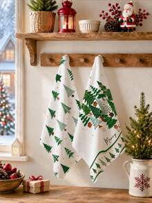 2pcs Christmas Minimalist Christmas Tree Illustration Merry Christmas Pattern Kitchen Towels, Soft Polyester Material Dish Cloths, Suitable For Kitchen Decoration, Kitchen Cleaning, Holiday Party Decoration, Kitchen Bathroom Supplies Home Essentials, Home Decor, Housewarming Gift - Multicolor - View 5