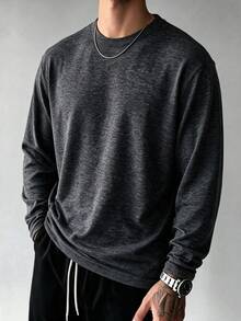 Men's Dark Charcoal Grey Crew Neck Long Sleeve Base Layer, Comfortable Breathable Soft Fabric, Slim Fit Light Business Basic Pullover - Black - View 3