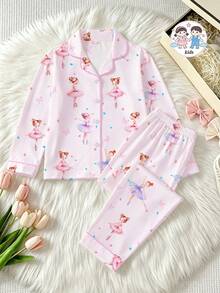 Cute Ballet Girl Cartoon Print Pajama Set, Children's Lapel Cardigan Long Sleeve + Long Pants Pajama Set, Pink Dreamy Girl Soft Skin-Friendly Pajama Set - Pink - View 12