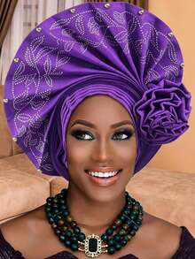 1pc Nigerian Pre-Molded Headscarf With Rhinestone Flowers, Muslim Retro Headdress For Weddings And Banquets. - Multicolor - View 11
