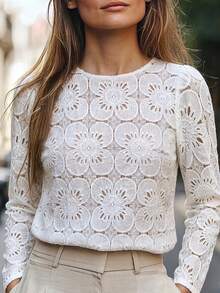 Women's Round Neck Semi-Sheer Lace Top, Minimalist Elegant Style, Suitable For Casual Daily Wear - White - View 3