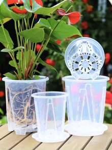 Self-Watering Orchid Pot, Root Control & Breathable, With Drainage Holes, White Transparent Specialized Pot, Suitable For Indoor And Outdoor Planting; Round Shape, Includes Matching Accessories, Features Self-Watering Function - Flower Pot - View 5