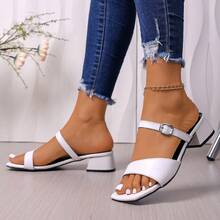 Women's White Square Toe Chunky Heel Sandals, Metal Buckle Decor, Comfortable Versatile Mid-Heel Sandals For Commute, Date, Outing - White - View 7
