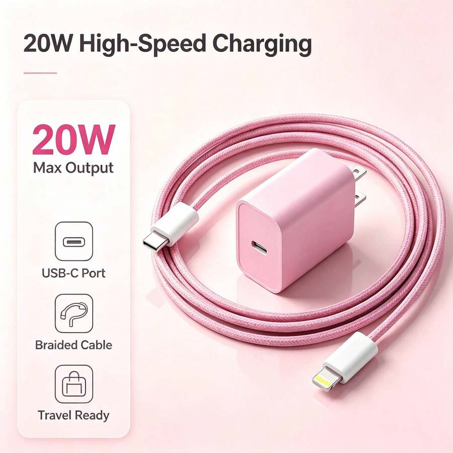 Pink 20W PD USB-C Fast Charger Block With 3.3ft Braided USB-C To Lightning Cable, Portable Colorful Fast Charging Kit, Compatible With IPhone 15/16/17 Series - Baby Pink - View 1