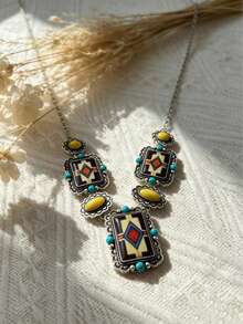 1pc Vintage Western Cowboy Geometric Faux Turquoise Color Block Pendant Heavy Work Necklace, Suitable For Women's Daily, Party, Travel Wear Jewelry Gift - Silver - View 6