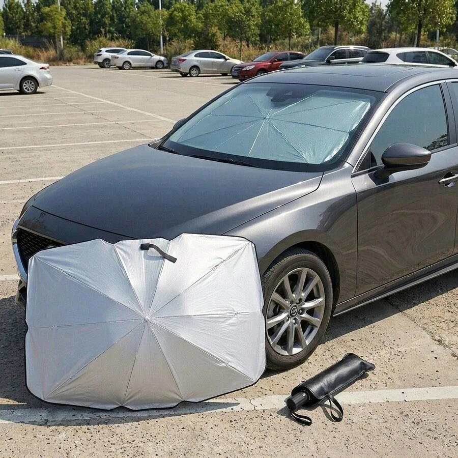 Car Windshield Sunshade Umbrella, Large Front Glass Sun Shade For Auto Vehicles, Foldable UV Blocking Heat Protection Cover For Summer Parking, 1pc - Parasol - Titanium Silver Large 140*80cm - View 1