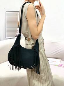 Women Hobo Crossbody Shoulder Bag,Curved Crescent Shape Suede Leather Fringe Tassel Silver Rivet,Adjustable Strap Bohemian Style Daily Travel - Multicolor - View 7