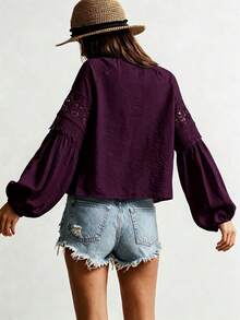 Rusttydustty Women's Standard Size Long Sleeve White Lace Blouse, Casual Vacation Bohemian Style, Suitable For Autumn - Red Violet - View 7