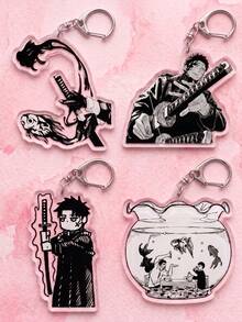 1Pc/4Pcs Kagurabachi Theme Acrylic Keychains, Featuring Demon Blade Ink Effect, Drawing Sword Pose, Chibi Style And Goldfish Tank Scene Design, Fashionable Bag Charm, Suitable For: Back To School, Gift For Anime Fans, Exquisite Collection, All Season - Multicolor - View 5