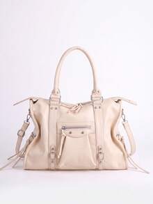 Large Capacity Beige Patchwork PU Shoulder Tote Bag With Zipper Detail, Rivets, Tassels, Drawstring Closure And Body Wrap Buckle, Suitable For Daily Commute And Office - Beige - View 8