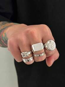 Bộ 5 nhẫn nam kim loại hình đồng xu hình học phong cách vintage, đính đá rhinestone sang trọng, trang sức nhiều lớp xếp chồng, quà tặng lý tưởng - Nhẫn kim loại hình học - Xem 7