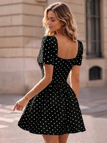 Perirose Women's Black Polka Dot Square Neck Puff Sleeve Fit And Flare Mini Dress, Summer Fall Vacation Date Brunch Feminine A-Line Sundress - Black - View 2