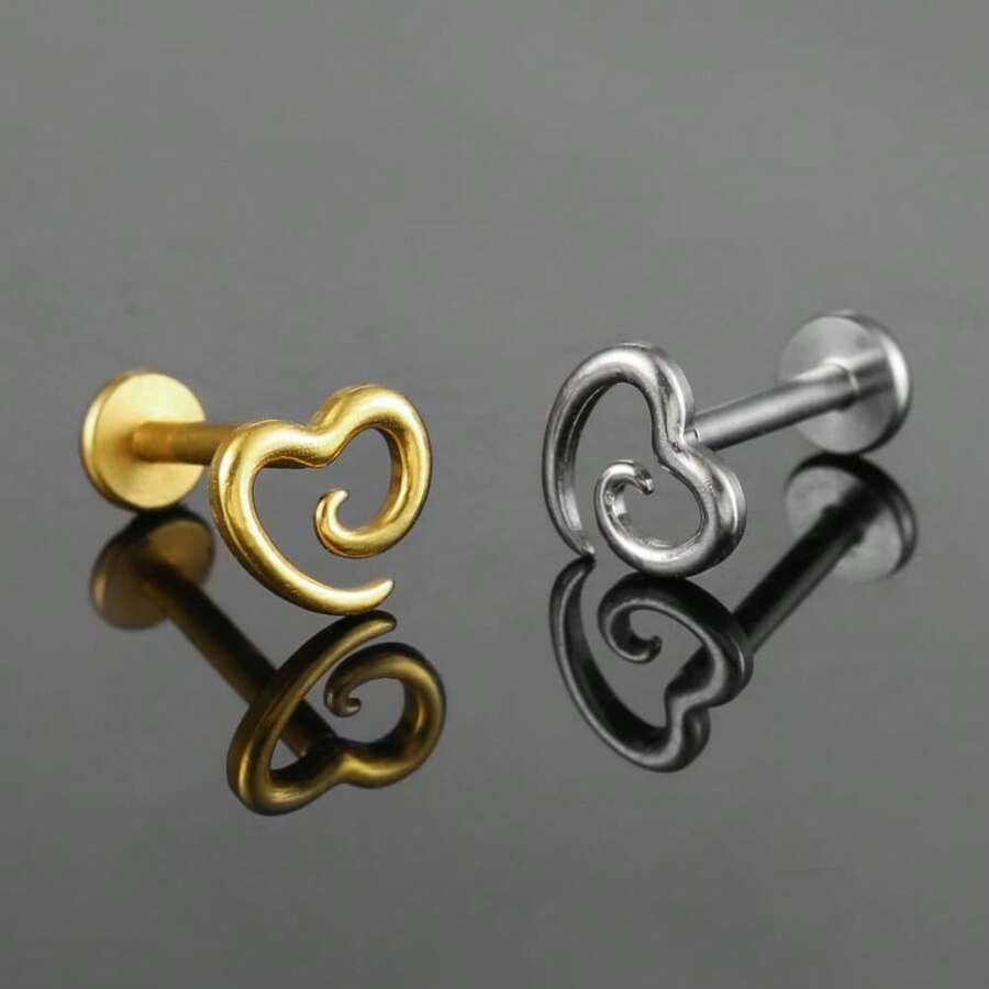 1PC ASTM F136 Titanium Swirl Heart Labret Piercing Hollow Filigree Flat Back Ear Studs Helix Conch Tragus Jewelry - Internal Thread - View 1
