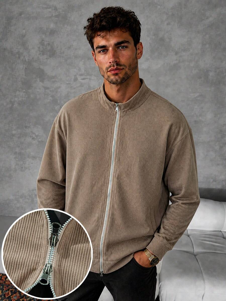 Men Corduroy Band Collar Jacket Double‑Way Metal Zipper Loose Drop‑Shoulder Casual Coat - Brown - View 1