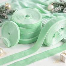 1pc 4.57m Single-Sided Non-Elastic Colorful Flocked Ribbon, Flocked Satin Ribbon, Bow DIY Clothing Christmas Decoration Ribbon (Length Is Manually Measured And May Have Deviation) - Aqua Green - View 1