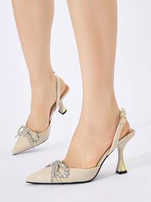 Women's Rhinestone Bow Decor Pointed Toe Slingback Metal Chunky High Heel Elegant Beige Glossy Sequin Material Open Back Pumps Suitable For Party Wedding Evening Spring Summer Autumn Winter - Beige - View 4