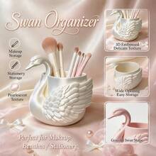 Coquette Aesthetic 3D Embossed Swan Makeup Brush Holder, Graceful Wing‑Sculpted Desktop Storage Cup, Multi‑Purpose Vanity Pen Organizer, Girly Dorm Table Decor Accessory - Multicolor - View 5