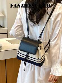 Handbag, Minimalist Striped Drawstring Bucket Backpack, Supports Hand-Carry And Shoulder-Carry, Flap + Drawstring Combination Design Balances Aesthetics And Practicality, Sleek And Compact Without Being Bulky, Fresh And Healing Color Palette Suitable For Spring And Summer Outfits, Versatile Casual Small Bag Perfect For School And Travel - Black - View 5