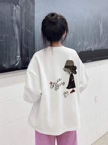 女款時尚秋冬寬鬆百搭字母與卡通印花長袖T恤 - 白色 - 查看 3