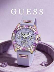 Guess Women's Quartz Chronograph Watch Pastel Purple Gradient Tone Crystal Bezel Silicone Strap Elegant Glamour Sporty Accessory For Social Events - Purple - View 2