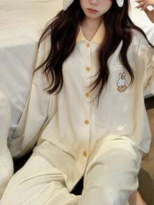 Gongdie 2pcs Miffy Women Pajama Set, Autumn White Polka Dot Soft Modal Cotton Loungewear, Contrast Collar And Pocket Design - Beige - View 8