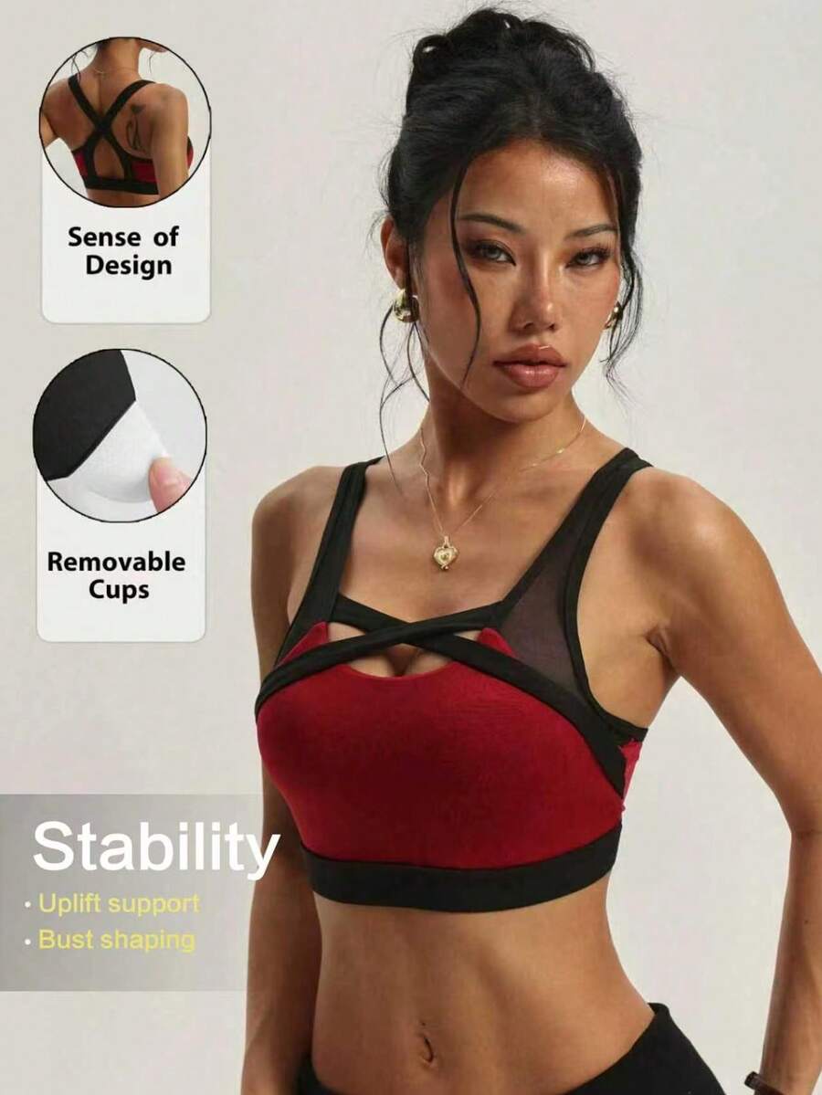 Kuswouy Women's Solid Color Removable Padded Mesh Patchwork Criss-Cross Back Sports Knit Bra - Multicolor - View 1