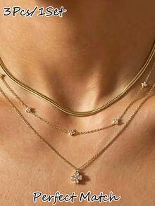 3pcs Women's Necklace Set, Gold Copper Inlaid CZ Fashion Minimalist Gold Heart & Clover Pendant Necklace Set, Suitable For Daily, Party, Holiday, Jewelry Gift - Gold - View 2