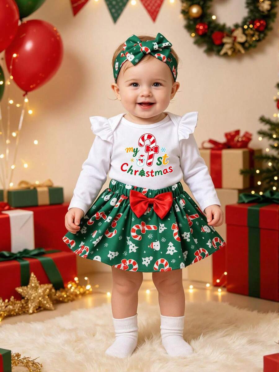 Autumn/Winter Baby Girl Holiday Outfit, Christmas Element Cartoon Print Pattern Flutter Sleeve Romper, Christmas Style Skirt, Hair Accessory 3-Piece Set, Infant Party Dress - White - View 1
