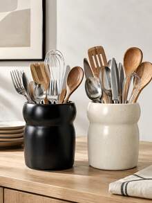 1pc Waisted Kitchen Utensil Holder, Minimalist Gourd Shaped Speckled Utensil Crock, Black Beige Cooking Tool Organizer For Kitchen Countertop Dining Table Home Decor - Multicolor - View 5