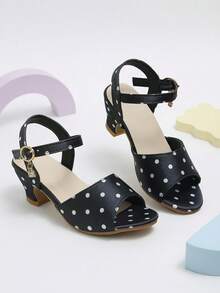 1 Pair Girls' Black Polka Dot Buckle Cute High Heel Sandals, Suitable For Party, Performance, Daily Wear, Shopping - Black - View 4