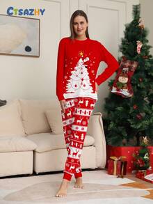 Christmas Santa Xmas Tree Print,Contrast Color Long Sleeve Top & Pants Pajama Set,Women Pjs Sleepwear,Red,Autumn,Cute,Slee - Multicolor - View 3