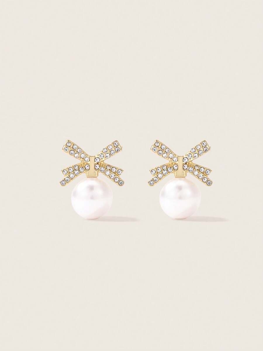 Valisandre Rhinestone Bow & Faux Pearl Design Stud Earrings - Multicolor - View 1
