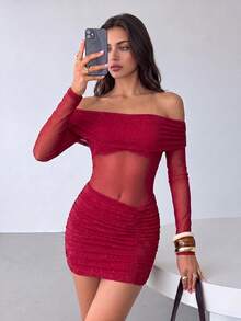 Y2K Fashion Red Cold Shoulder Long Sleeve Mini Dress, Sequin Decor, Suitable For Date Night, Autumn Outings, Birthday, Holiday And Graduation Ceremony - Red - View 3