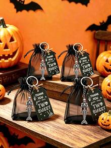12pcs Halloween Party Gothic Style Skull Pattern Packaging Bags, Halloween Cards, Keychains, Black Gift Bags Funny Gifts, Party Gift Set, Drawstring Small Accessory Packaging Bags, Suitable For Halloween Party Decoration, Theme Party Tabletop Decoration - View 3