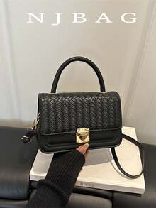 Solid Color Woven Mini Fashion PU Brand Elegant Flap Handbag Crossbody Bag - Black - View 1