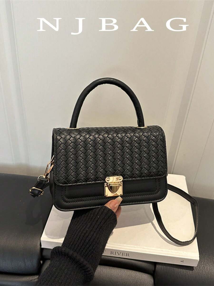 Solid Color Woven Mini Fashion PU Brand Elegant Flap Handbag Crossbody Bag - Black - View 1